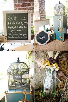 a collage of photos with different items and words on them, including a birdcage