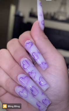 Purple Nails With J Initial, Baddie Nails Coffin Medium, Purple Nails With Initial, Blue Acrylic Nails With J Initial, Purple Nails Heart, Birthday Nails Purple, Dope Nail Designs Purple, Y2k Nails Purple And Black, Airbrush Nails Hearts