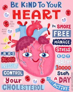 a poster with the words be kind to your heart and an image of a human heart