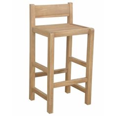 a wooden bar stool with one foot on the back and two legs down, in front of a white background