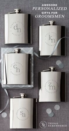 four personalized flasks are shown with ribbons on the bottom and one is for groomsmen