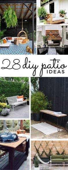 several different pictures of outdoor furniture and plants in the yard with text overlay that reads 23 diy patio ideas