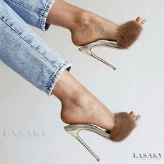 Lasaky - Crocodile Embossed Faux Fur Open-Toe Stiletto Mules - Luxurious Gold Fur Mules, Lace Top Dress, High Heel Mules, Pretty Legs, Long Drop Earrings, Fashion High Heels, Mule, Heeled Mules, Stiletto Heels