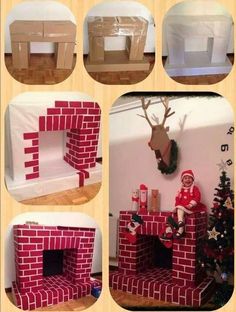 the instructions for how to make a brick fireplace with santa clause on top and deer head above