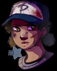 a drawing of a person wearing a baseball cap with blood on the forehead and eyes