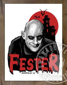 a drawing of a creepy man in front of a red sun with the words fester