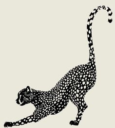 a black and white drawing of a cheetah running with spots on it's body