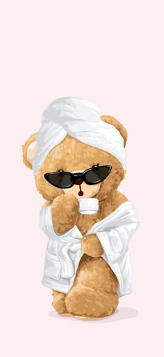 a brown teddy bear wearing sunglasses and a white towel on its head, sitting in front of a pink background