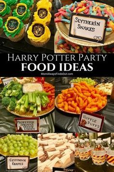 the harry potter party food ideas is displayed in front of other foods and desserts