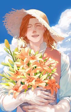 a woman wearing a straw hat holding orange lilies in front of a blue sky