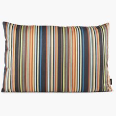 a multicolored striped pillow on a white background