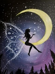 a painting of a fairy sitting on the moon