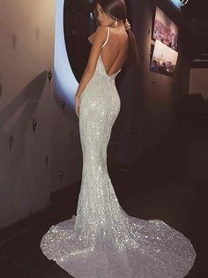 Sleeveless V-Neck Sweep/Brush Train With Ruffles Sequins Dresses - Prom Dresses White Prom Dress Long, Wedding Dress Black, Silver Prom Dress, 파티 드레스, Sequin Formal Dress, Sequin Prom Dress, Cute Prom Dresses, Pretty Prom Dresses, Prom Dresses Online