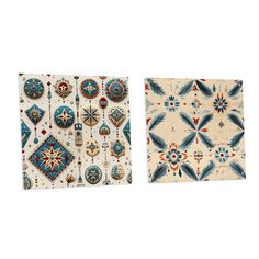 two pieces of wall hangings with different designs on them, one in blue and the other in beige