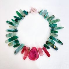 Elongated green natural Agate stone with pink accent and quartz toggle clasp Pink Fusion Jewelry With Natural Stones, Pink Agate Gemstone Jewelry, Pink Tourmaline Bohemian Jewelry, Pink Adjustable Jade Jewelry, Pink Jade Jewelry With Natural Stones, Resin And Clay, Natural Stone Beads, Natural Stones Necklace, Pink Accents