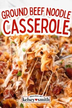 the cover of ground beef noodle casserole is shown with a fork in it