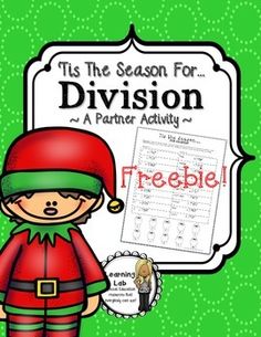 a christmas themed poster with the words division and an elf standing in front of it