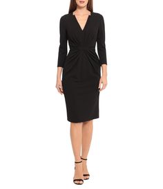 From Maggy London&#x2C; this dress features:all over stretch fabrication Sheath silhouettev-neckline 3/4 sleevesfully lined belted waist embellishmentcenter zip back closure Approx. 43" length from shoulder to hem polyester/spandexmachine washable/lay flat to dryImported. Work Dresses Outfits, Black Work Dresses, Casual Wedding Guest Dresses, Maggy London Dresses, Tuxedo Dress, Daytime Dresses, Maggy London, Play Dress, Petite Fashion