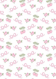 pink and green wallpaper with bows, hearts, and cherries on white background