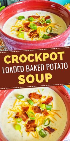 two red bowls filled with loaded baked potato soup