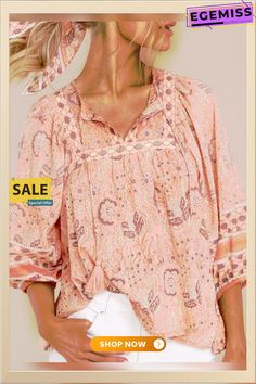 Paisley Half Sleeve Printed Polyester V Neck Boho Summer Orange Top Fall Vacation Paisley Print Blouse, Spring Boho Print Trendy Blouse, Fall Beach Top With Paisley Print, Paisley Print Top For Beach In Fall, Fall Paisley Print Top For The Beach, Feminine Summer Tops With Boho Print, Trendy Boho Print Blouse For Summer, Casual Paisley Print Blouse For Vacation, Spring Bohemian Blouse With Paisley Print