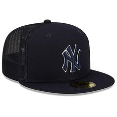 Officially Licensed Men's New Era Navy 2023 Batting Practice 59FIFTY Fitted Hat - New York Yankees   This authentic Fanatics branded baseball hat is perfect for showcasing team spirit.  Flat bill design with ability to curve for a super trendy look and great addition to your sports apparel collection.         Fitted Raised embroidered graphics, High Crown, Six panel construction with eyelets          Care: Surface washable      Material: 100% Polyester      Structured fit      Brand: New Era Sports Mesh Baseball Cap With Flat Brim, Mesh Flat Brim Baseball Cap For Sports, Breathable Flat Brim Hats For Sports Events, Navy Hat For Baseball Season, Navy Trucker Hat For Baseball Season, Sporty Fitted Hat For Baseball Season, Navy Breathable Sports Hat, Breathable Sports Hat For Baseball Season, Breathable Navy Sports Hat