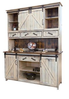 an old style hutch with sliding doors and drawers