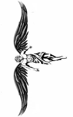 a black and white drawing of a bird with wings on it's back side