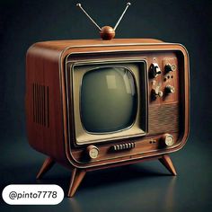 an old fashioned television set sitting on top of a wooden stand in front of a black background