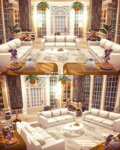 two pictures of a living room with white furniture