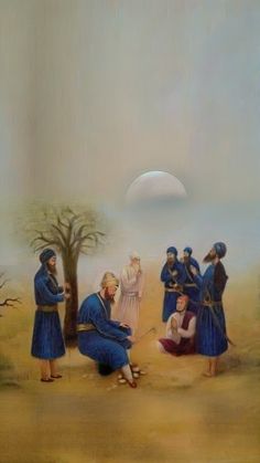 an image of a painting of people in the desert with trees and moon behind them