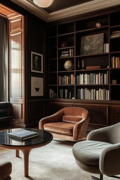 a living room filled with furniture and bookshelves