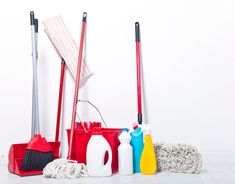 several cleaning supplies are lined up on the floor