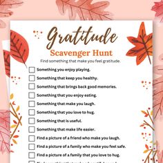 a printable thanksgiving scavenger hunt is shown in the middle of a pink background