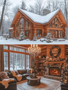 two pictures of a log cabin in the snow and one is decorated with christmas wreaths