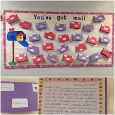 the bulletin board is decorated with pink and purple blocks