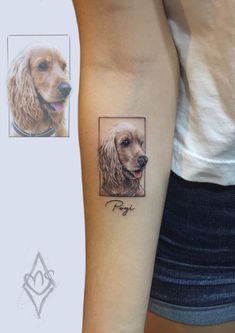 a dog's face is shown on the arm