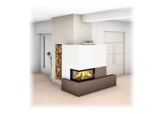 a modern fireplace in the middle of a room with white walls and flooring on both sides