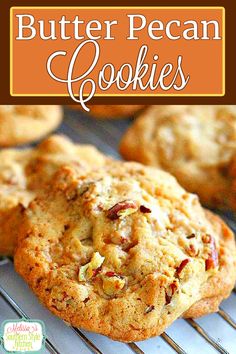 butter pecan cookies on a cooling rack with text overlay that reads, butter pecan cookies