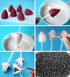 the process of making fruit pops is shown with strawberries and blueberries on sticks