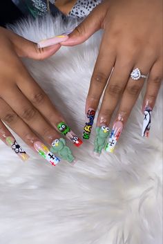 Green Kaws Nails, Green Kaws, Random Nails, Fye Nails, Graffiti Nails, 2022 Nails, Friend Groups