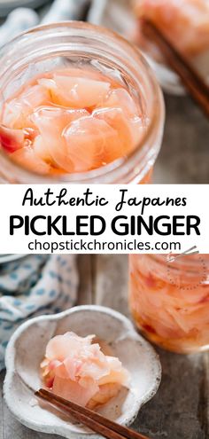 an image of pickled ginger in a jar with chopsticks on the side