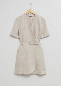 Tailored Linen Belted Mini Dress - Light Beige - Mini dresses - & Other Stories US Linen Mini Dress For Work, And Other Stories, & Other Stories, Linen Dress Design, Summer Work Wear, Buttoned Dress, Sophisticated Outfits, Linen Fashion, Sophisticated Dress