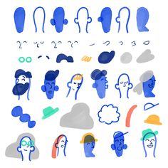 an image of various faces drawn in blue and green colors on white paper with different shapes