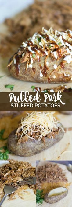 pulled pork stuffed potatoes on a cutting board with cheese and parmesan sprinkles