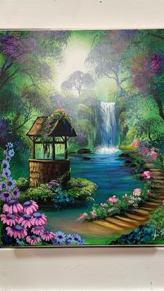 a painting of a waterfall in the middle of a forest with steps leading to a gazebo