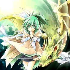 an anime character with green hair and wings