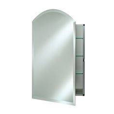 a bathroom medicine cabinet with an arched door and glass shelves on the front, against a white background