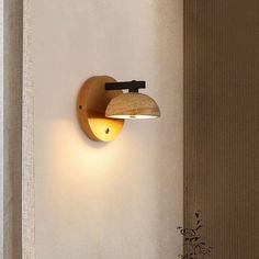 a wall light that is mounted to the side of a wall next to a potted plant