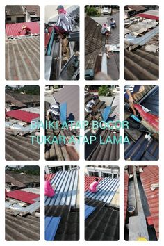 several pictures of different types of roofing materials and workers working on the roof top